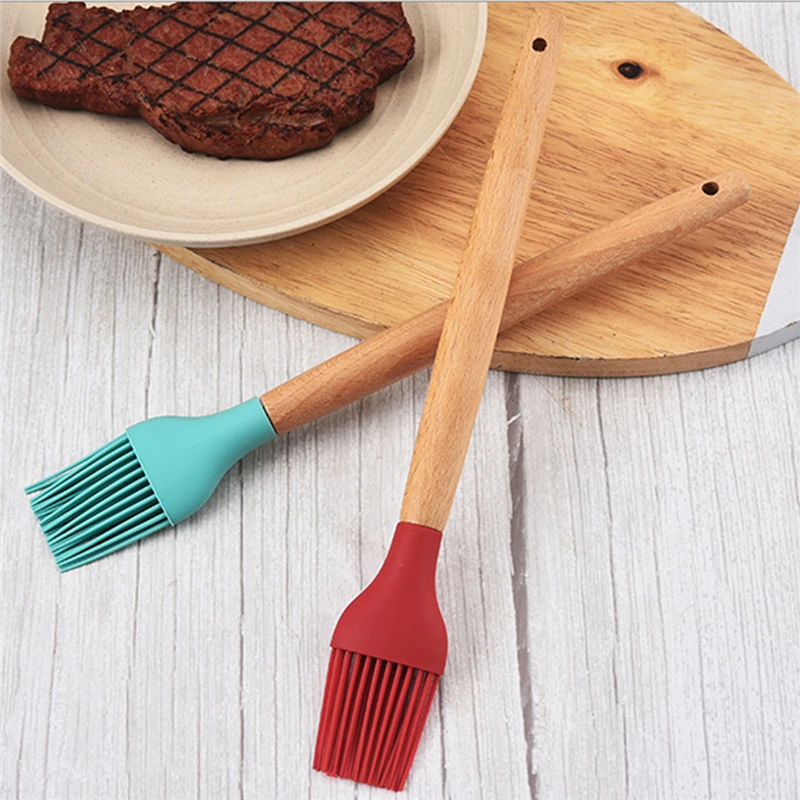 1PC Silicone BBQ Oil Basting Brush with Wood Handle Cake Bread Cream Cooking Brushes Baking Barbecue Kitchen Accessories Silicone Basting Brush
