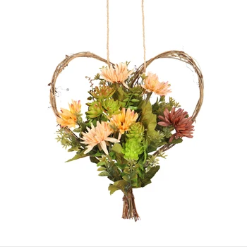 

Heart-Shaped Autumn Chrysanthemum Succulent Wall Hanging Halloween Thanksgiving Family Decoration Garland with Light