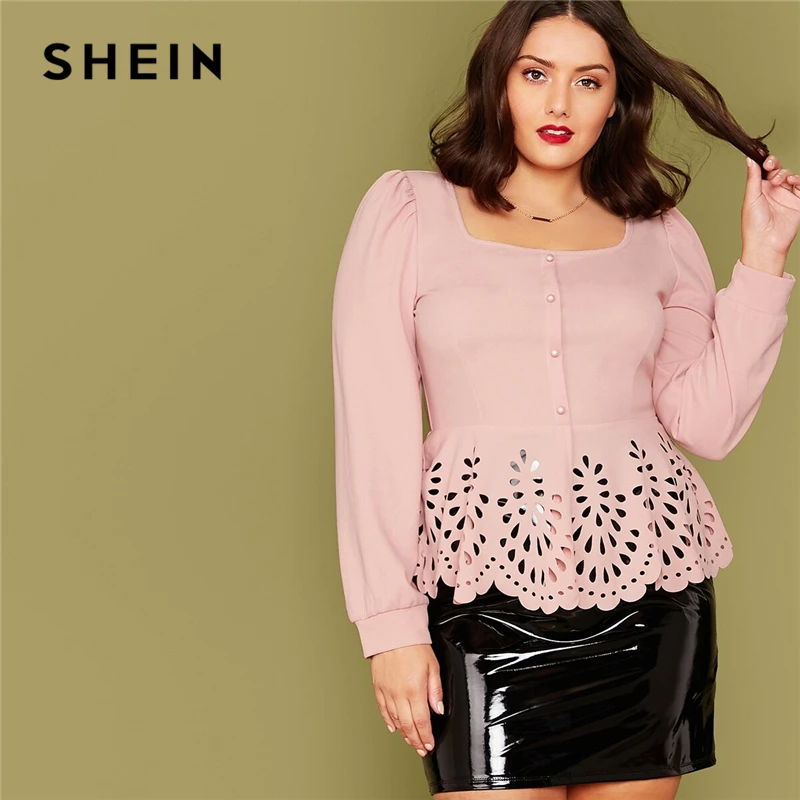SHEIN плюс размер розовая пуговица спереди лазерная резка оборки подол блузка Женская Осенняя баска элегантные офисные женские топы и блузки