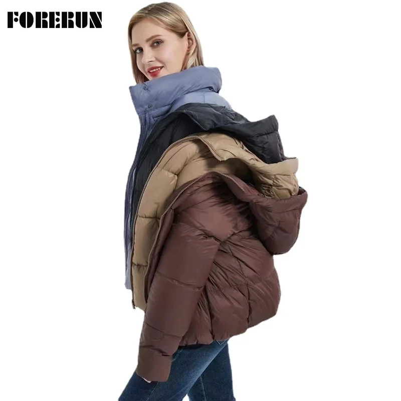 

FORERUN Down Jacket Female 2021 Hooded Ultra Light Goose 90 Padded Bubble Coats Solid Women Winter Bomber Puffer Jackets