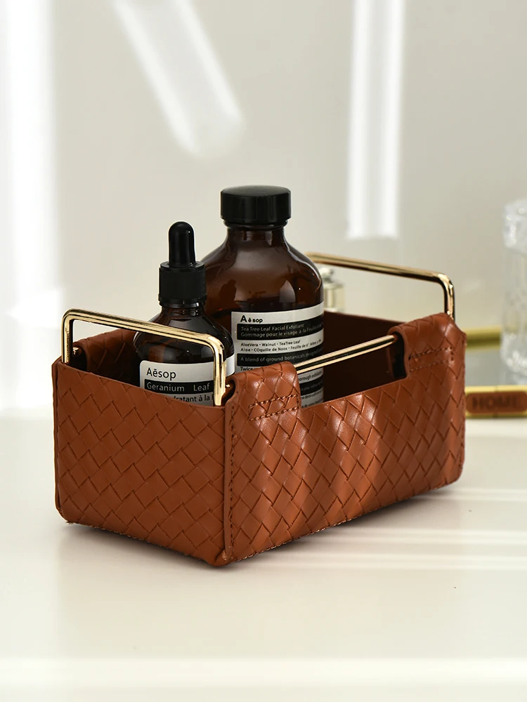 Home And Bathroom Organizer PU Leather Cosmetic Organizer Storage Box Makeup Brush Holder Sundries Basket Lipstick Organizer 2