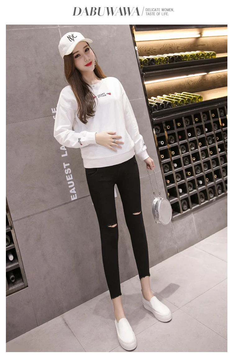 8172# 9/10 Stretch Cotton Ripped Hole Black Maternity Pants Autumn Fall Fashion Skinny Pants for Pregnant Women Belly Pregnancy