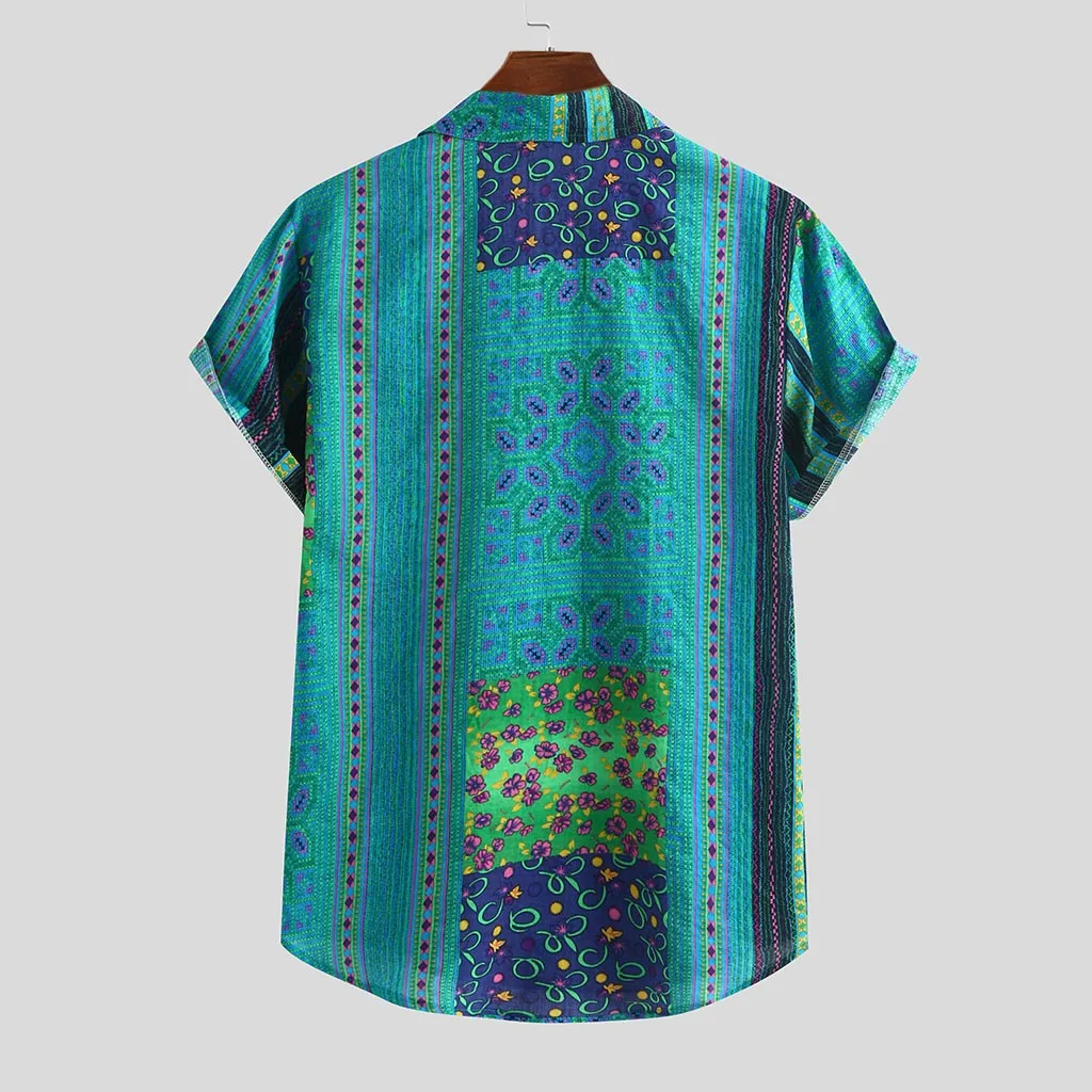 Men's Shirts Tops Colorful Stripe Summer Short Sleeve Loose Buttons Casual Shirt Blouse Patchwork New Design Hot Vocation Tops