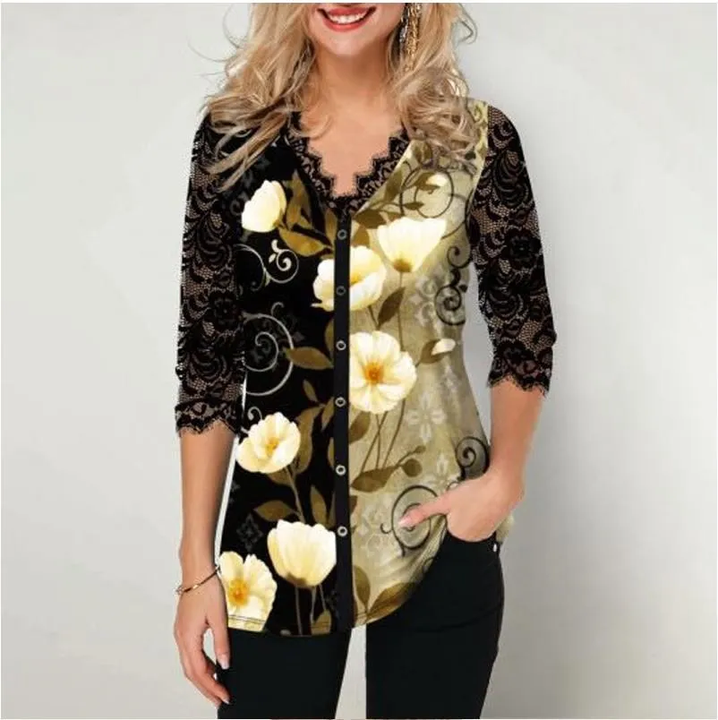 Vendedor Caliente Blusa holgada informal de talla grande para verano, camisa con estampado bohemio y empalme de encaje para mujer, cuello en V, novedad de verano, 2020 LWyKdzEZj