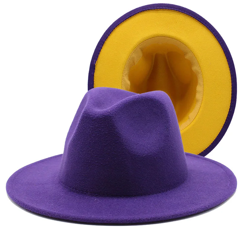 Winter New Purple Yellow Patchwork Wool Felt Jazz Fedora Hats with Belt ...