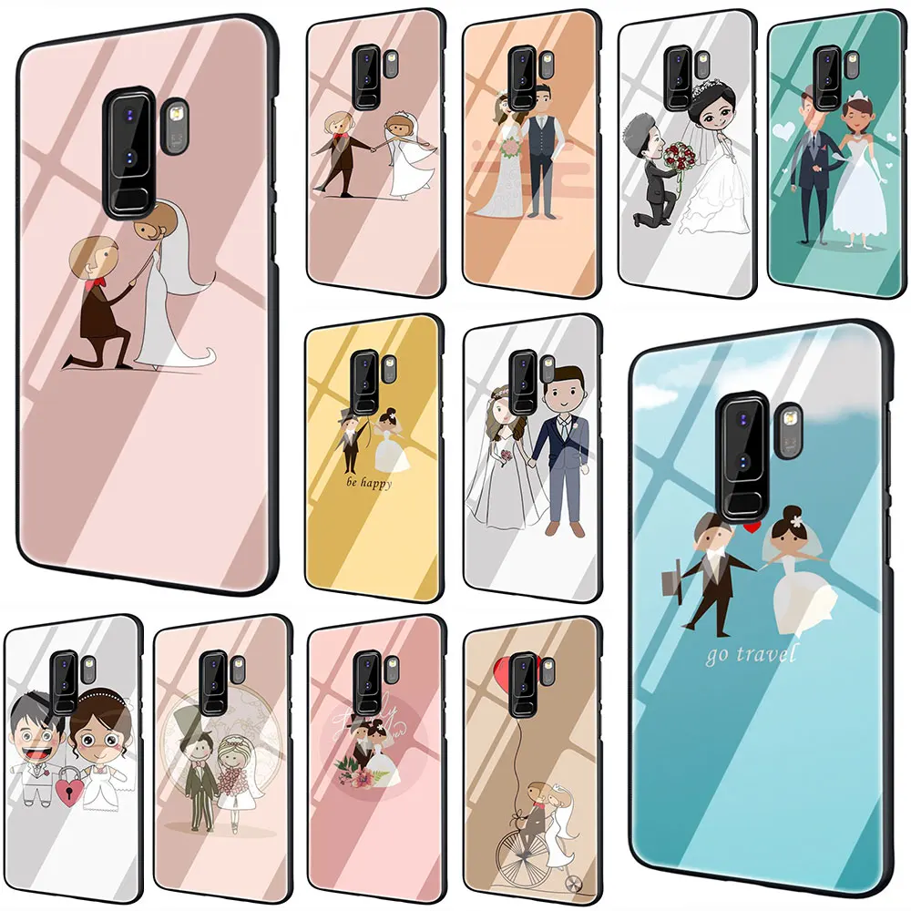 

wedding Bride and groom Tempered Glass TPU Black Cover Case for Galaxy S7 Edge S8 S9 Plus S10 Note 8 9 10 A10 20 30 40 50 60 70