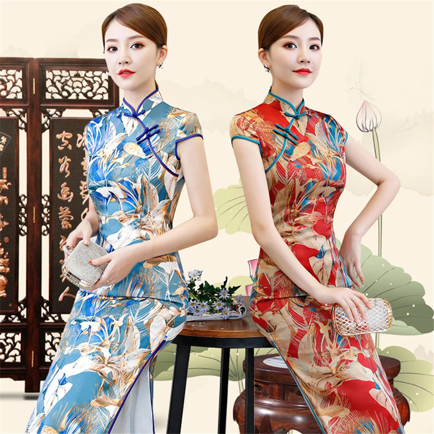 

Cheongsam Chinese Dress Vintage Floral Print Women Traditional Qipao Long Robe Satin Silk Short Sleeve Party New Year Wediing