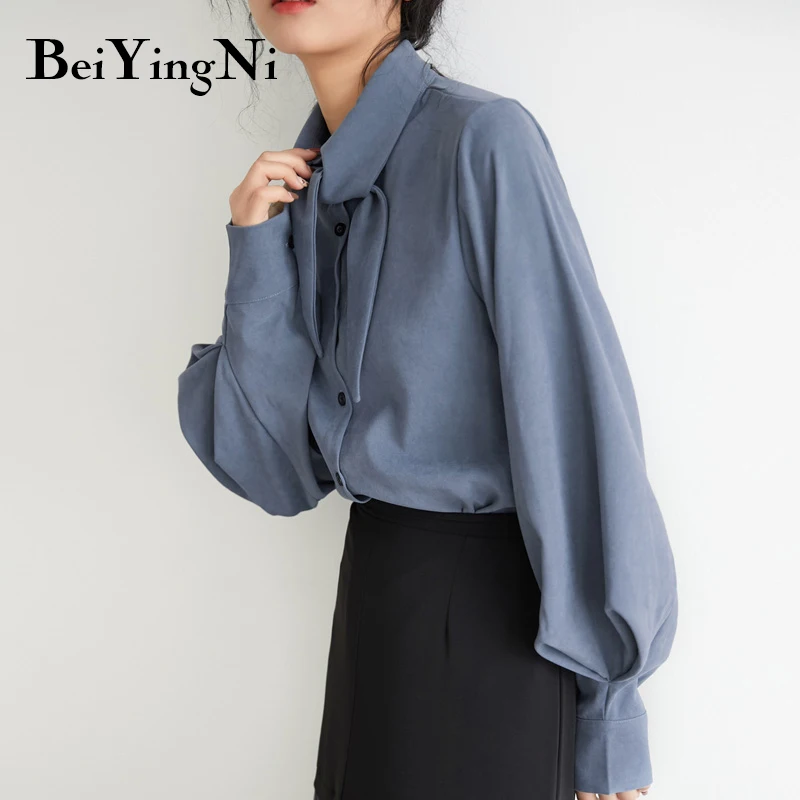

Beiyingni Autumn Elegant Vintage Women Shirts Solid Buttons Lantern Sleeve Blouses Ladies Office Shirt Blouse Korean Bow Tie Top