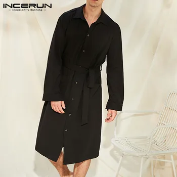 

2020 Fashion Men Robes Solid Long Sleeve Lapel Pockets Homewear Nightgown Dress Casual Bathrobes Mens Clothes With Belt INCERUN