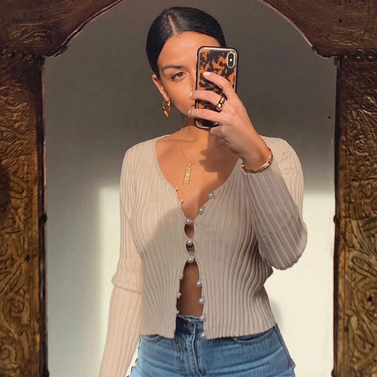 2020SS Сексуальный Кардиган украшенный бисером на молнии трикотажная футболка