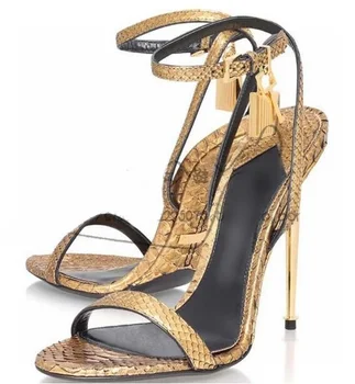 

Snake Print Leather Ladies Gladiator Sandals Ankle Strap Python Gold Lock Women Sandals Metal Decor High Heels Wedding Shoes