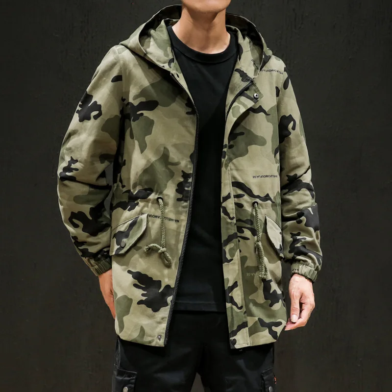 Green Camouflage SOUL OF TIGER корейская мода ветровка Мужские Винтажные куртки с капюшоном свободные камуфляжные пальто Мужская осенняя одежда Большие размеры 5XL - Цвет: Green Camouflage