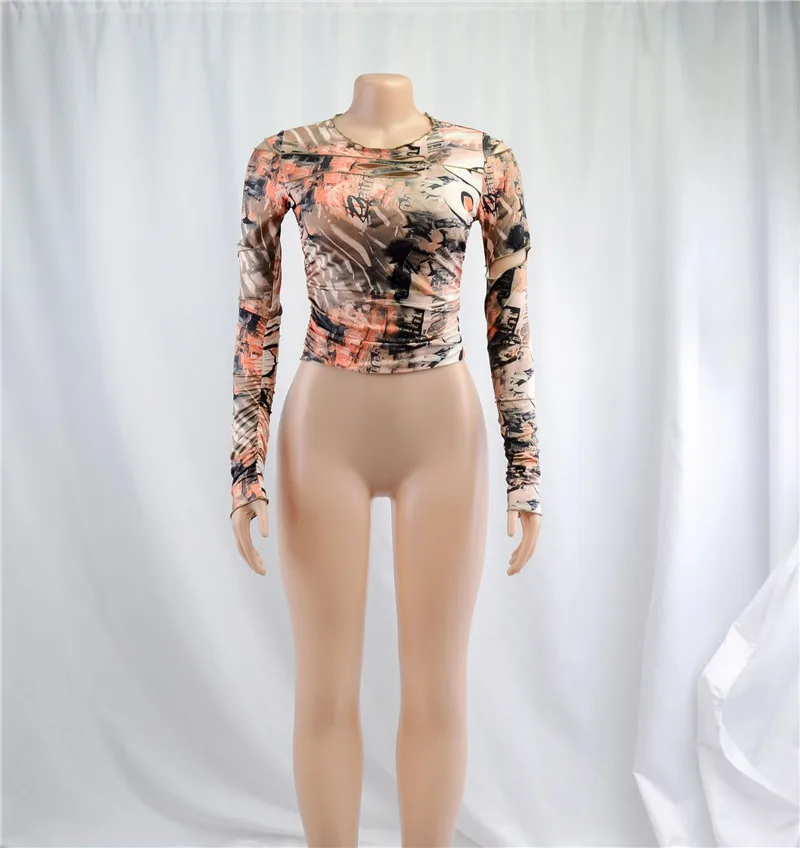 Women's Printed Long-sleeved Crop Top Round Neck Cutout Short T-shirt Tight-fitting Sexy Navel Pullover 2020 Lady Street Wear