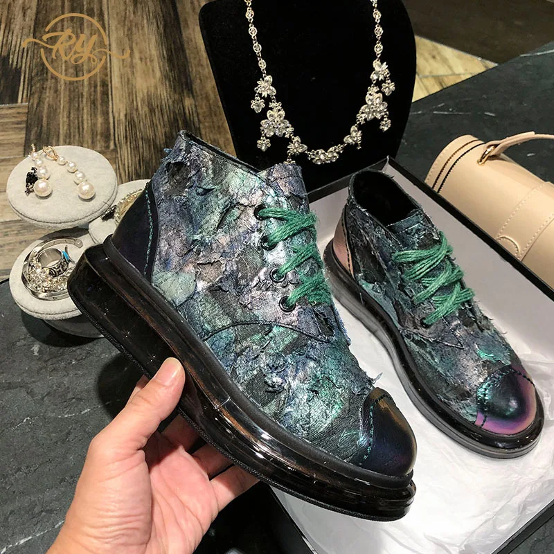 RY-RELAA; женские кроссовки; коллекция года; модные черные женские туфли из натуральной кожи; роскошная женская обувь; женская повседневная обувь на платформе - Цвет: Зеленый