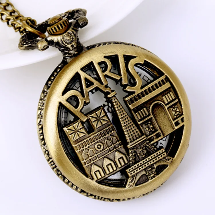 

Quartz pocket watch Watch Hollow Eiffel Tower Castle Pocket Watch Vintage Bronze Design Floral Engraved Back Case Pendant