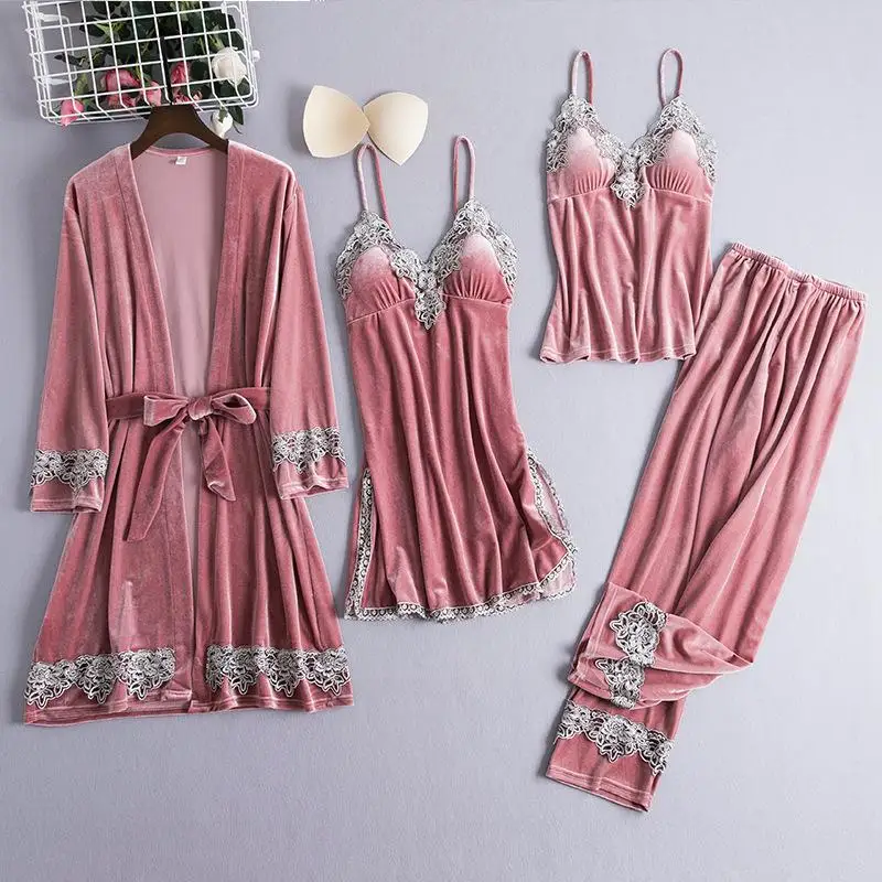 Большой 3XL леди 4 шт. халат набор кимоно платье велюровая Ночная рубашка пижамы кружева лоскутное Ночная Рубашка домашняя одежда сексуальное интимное белье - Цвет: Pink 2