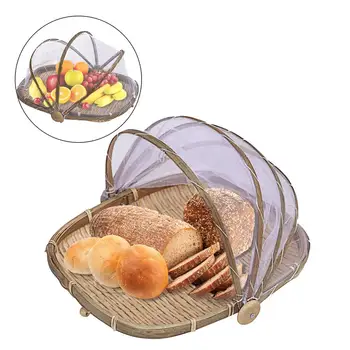 

Hand-Woven Rectangular Bamboo Food Serving Tent Storage Basket Tray Fruit Bread Insect-proof Storage Container With Gauze Cover