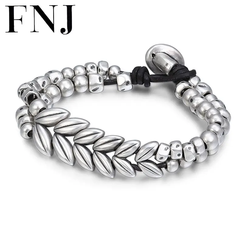 FNJ 18 см пшеничный браслет с подвесками 990 Серебряный лист из бисера чистый S990 серебряные браслеты для женщины мужчины подарок ювелирные изделия из бисера