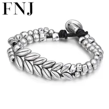 FNJ 18 см пшеничный браслет с подвесками 990 Серебряный лист из бисера чистый S990 серебряные браслеты для женщины мужчины подарок ювелирные изделия из бисера