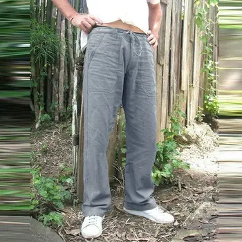 

Mens Cotton Linen Loose Trousers Elastic High Waist Straight Drawstring Pocket Sweatpant Summer Autumn Combat Jogging Pants