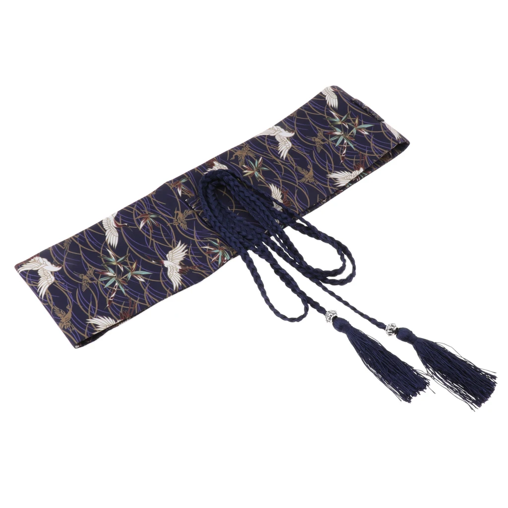 Vintage Obi Belt Crane Floral Printed Lace Up Wide Waist Belt for Ladies