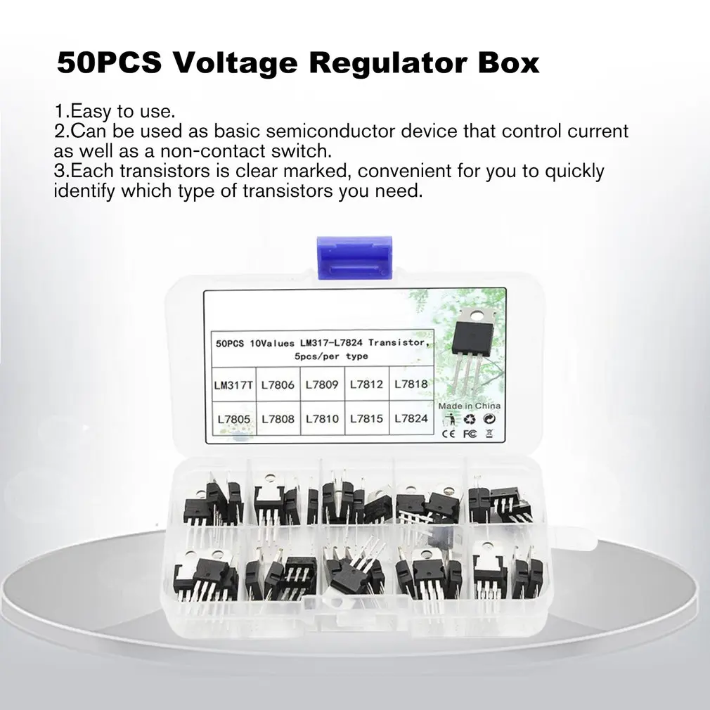 50PCS Voltage Regulator Box Transistor Assortment Kit 10 Value LM317T L7805 L7806 L7808 L7809 L7810 L7812 L7815 L7818 L7824