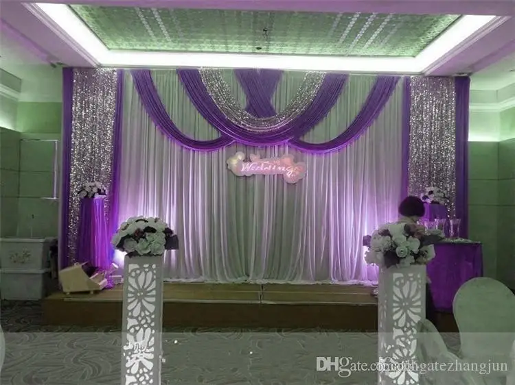20ft*10ft Luxury ice silk Wedding Backdrop Stage Curtains with swags Silver Sequin Fabric Wedding Props Satin Drape curtain party decoration
