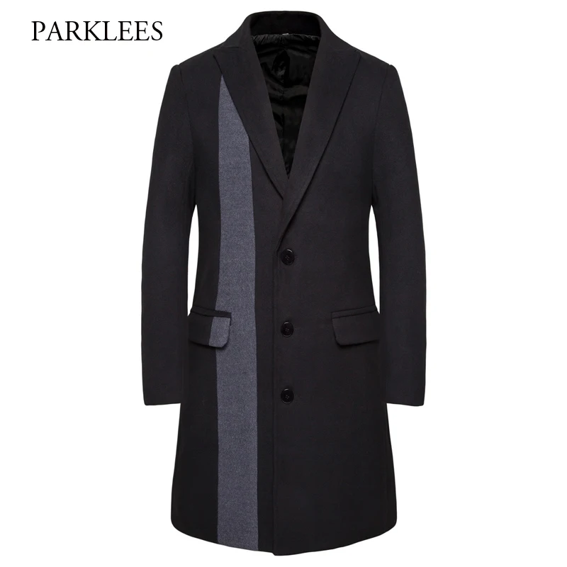 Stylish Patchwork Men's Long Trench Coat 2019 Winter Brand New Lapel Striped Woolen Overcoat Men Slim Fit Wool Casaco Masculino Stylish Patchwork Men's Long Trench Coat 2019 Winter Brand New Lapel Striped Woolen Overcoat Men Slim Fit Wool Casaco Masculino
