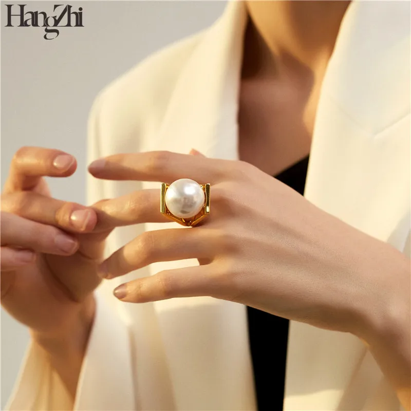 Hangzhi Big Imitation Pearls Personality Gold Color Metal Exaggeration Design Finger Rings for Women Girls Party Jewelry Gift | Украшения и