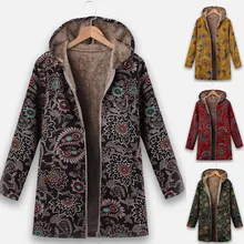Женская куртка, Ретро стиль, на молнии, с этническим принтом, с капюшоном, флис, с длинным рукавом, пальто, плюс, Suze, S-5XL, manteau femme