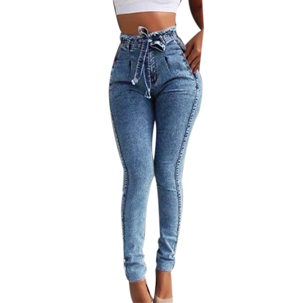 Двойной с перекрестными ремешками осень Высокая талия джинсы Для женщин тонкий стрейч на весну и осень джинсовая облегающий силуэт с кожаным ремешком, узкие джинсы пуш-ап, с карманами