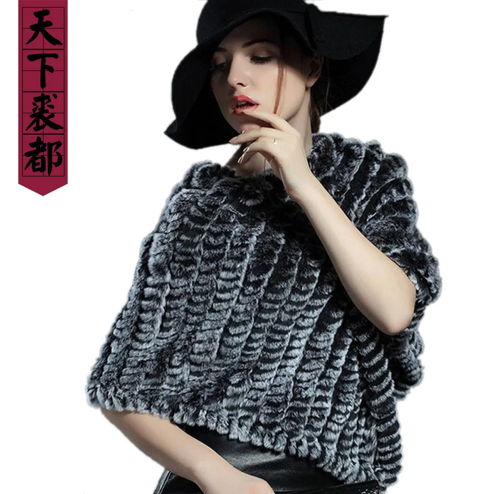 wholesale Women Knitted Real Rabbit Fur Shawl Fashion lady Rabbit Fur Poncho Autumn Winter Fur Pashmina Free Shipping