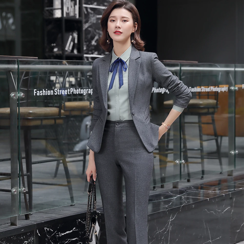 Office Lady 3 Piece Set Women Formal Work Wear Pant Suit Uniform Designs Single Button Black Gray Blazer Jacket Vest and Pant