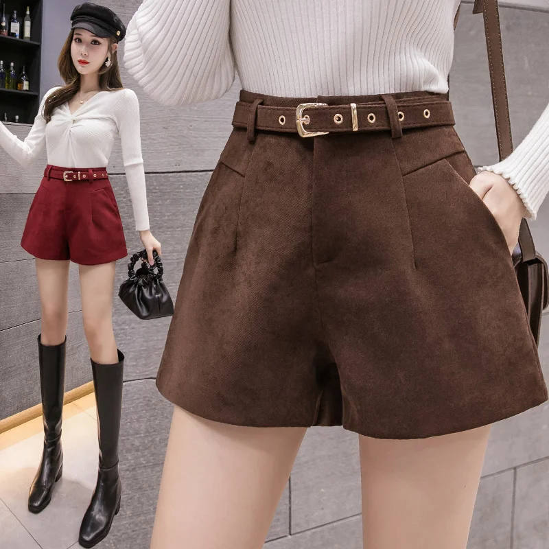 Осенне-зимние шорты с высокой талией для женщин, шикарные офисные женские шерстяные свободные шорты, корейские узкие сапоги с высокой талией и поясом, женские короткие штаны