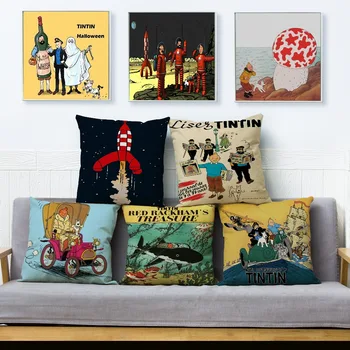

Anime Adventures Of Tintin Print Cushion Cover 45*45cm Square Beige Linen Throw Pillow Covers Car Sofa Home Decor Pillowcase
