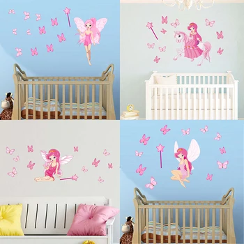 

Nursery Pink Fairy Girl and Magic wand Wall stickers Art Vinyl DIY Butterfly Decals for Kids Children Room Decoration Home Mural