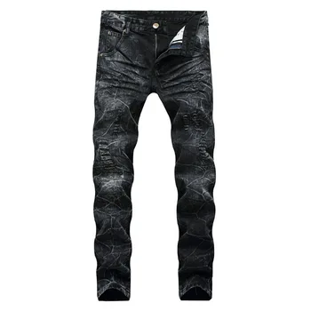 

2020 AUTUMN Spring Men's Ripped Print Street HIP HOP Punk Stretch Bike Jeans Trendy Holes Straight Denim Trouers