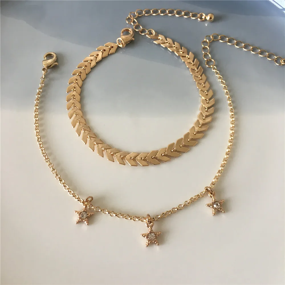 Trendy Gold Color Horn Cubic Bead Strand Natural Sea Shell Drop Layered Cord Chain Colorful Star Tassel Anklet Or Bracelet