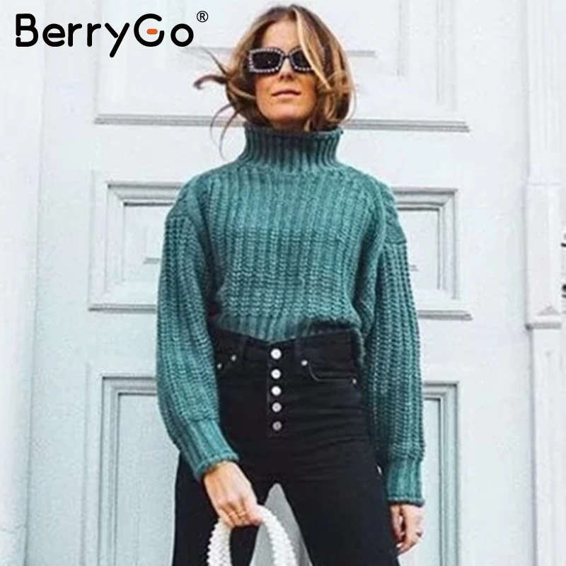 BerryGo водолазка однотонный пуловер свитер для женщин Осень зима рукав летучая
