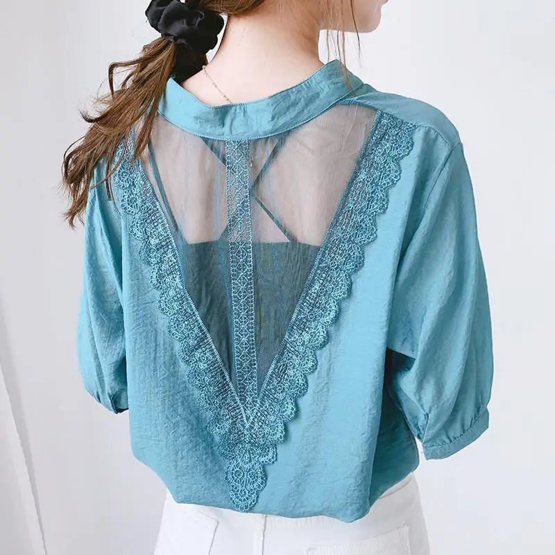 

Lace Mesh Shirt Blouses 2022 Summer Women Fashion V-Neck Short Sleeved Shirts Female Loose Casual Pullover Shirt Size 5XL