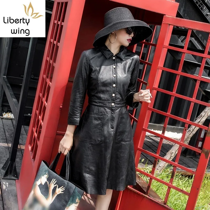 

Women Genuine High Quality Fashion A-Line Pocket Black Party Square Collar 100% Sheepskin Leather Dress Long