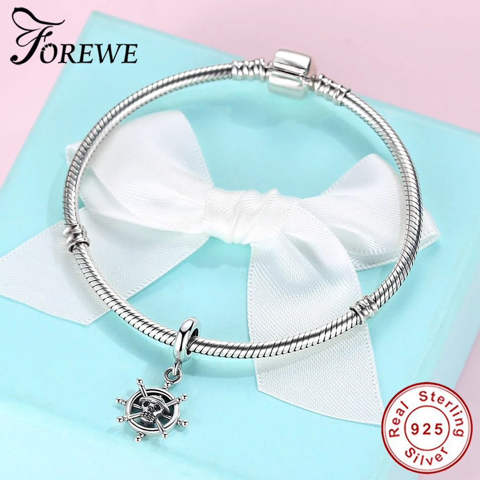 Forewe 925 Sterling Silver Classic Rudder Skull Charms Beads fit Women Bracelets& Necklaces DIY Jewelry Making