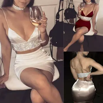 

2020 Women 2 Piece Set Dresses Bodycon Outfit Dark V Neck Crop Top Bandage Sling Evening Party Sexy Mini Summer Dress