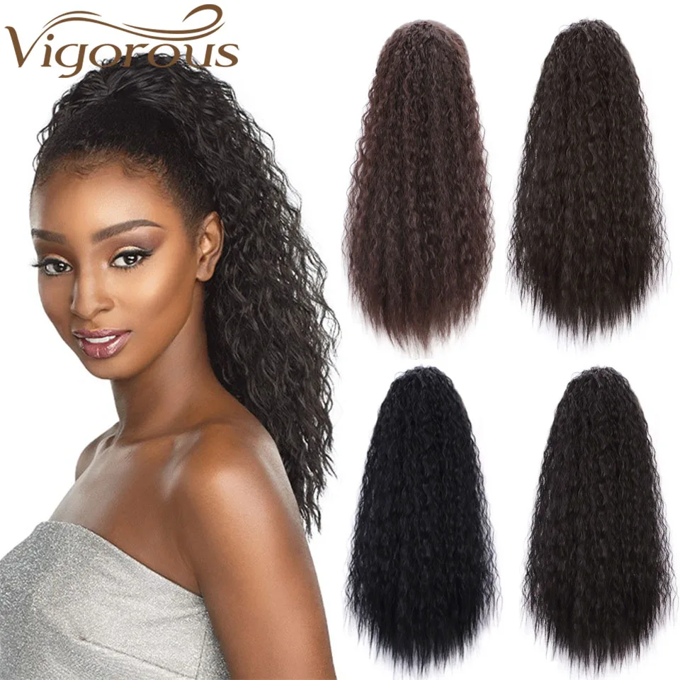 

Vigorous Afro Kinky Drawstring Ponytail Long Clip In Warp Ponytail Hair Extension 22 inches Corn Hairpiece for Women Black Brown