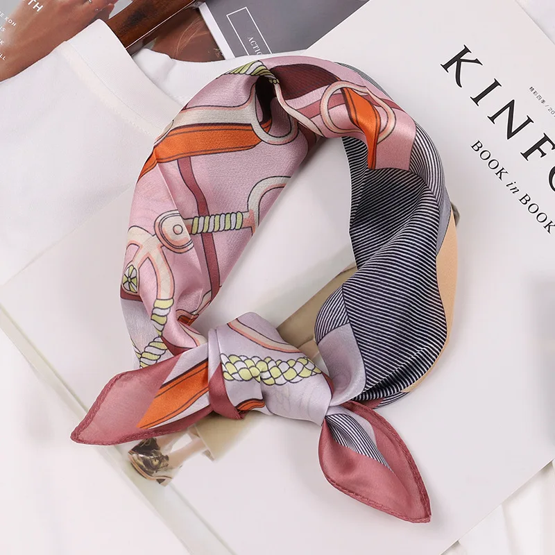 

New silk satin printed 50cm small square scarf female fashion Korean decorative scarf dual-use simulation silk scarf headband