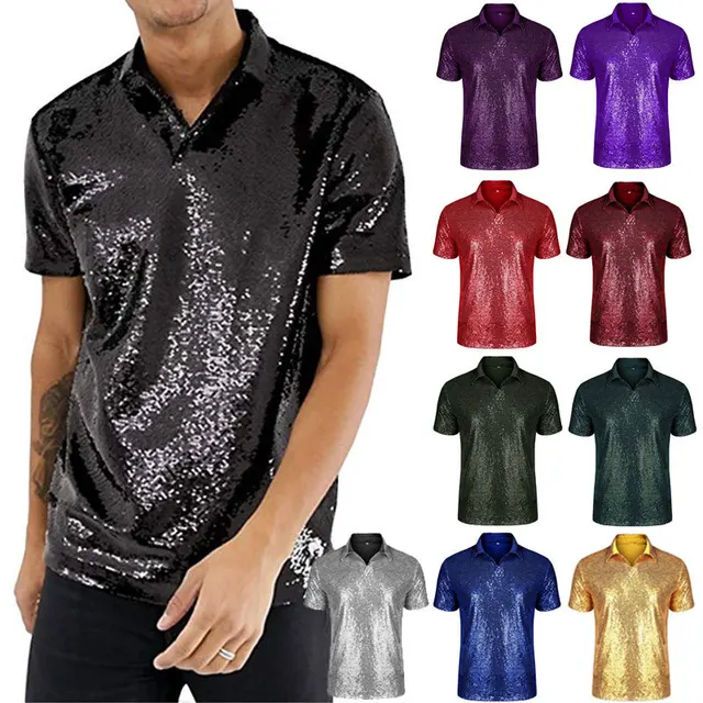 HEYDHSDC Chemise dorée métallisée argentée pour homme, style disco des  années 70, Halloween, club, scène, A301 Arc-en-ciel, S : : Mode