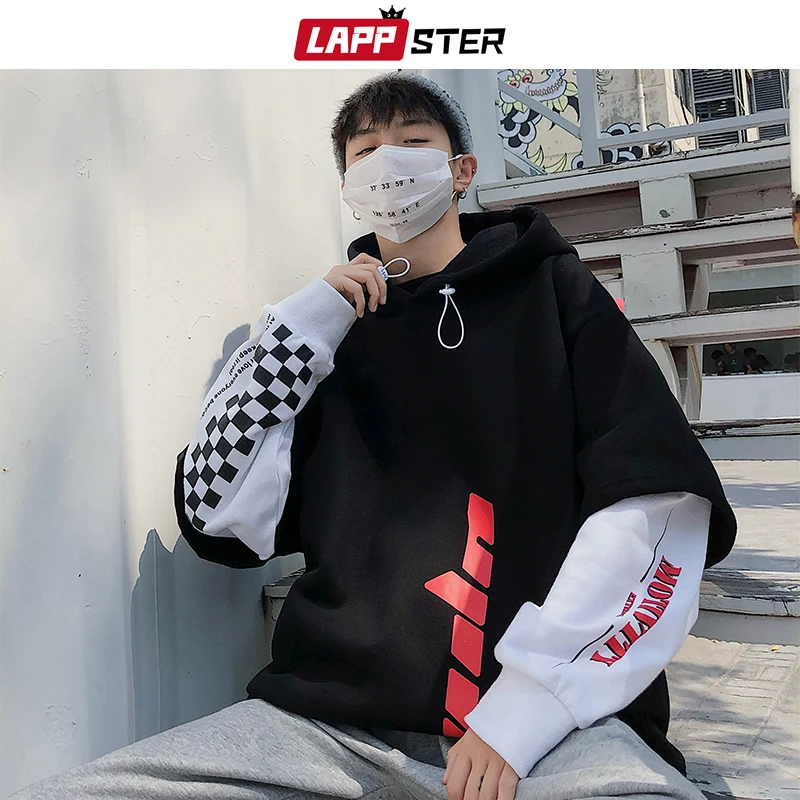 LAPPSTER Men Hip Hop Fleece Hoodies 2020 Man Winter Japanese Streetwear Sweatshirts Male Pullover Black Patchwork Hooded Hoodies LAPPSTER Men Hip Hop Fleece Hoodies 2020 Man Winter Japanese Streetwear Sweatshirts Male Pullover Black Patchwork Hooded Hoodies