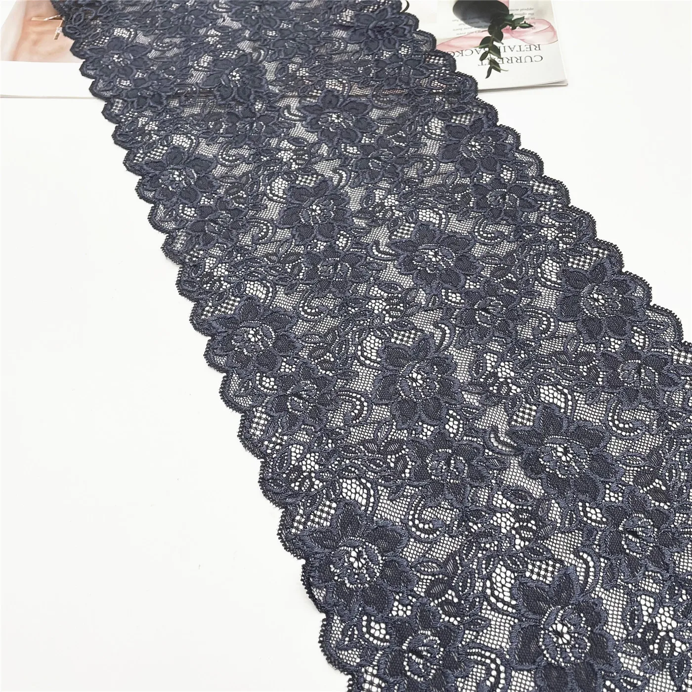 3M/Lot Width 9 inch 23cm Dark Grey Floral Stretch Lace Trim 1