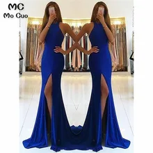 Royer Blue Русалка платье для выпускного вечера Длинные вечерние платья без рукавов передний разрез эластичный атлас развертки поезд вечерние платья платье для выпускного вечера
