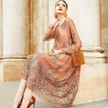 

2020 New Summer Plus Size 5xl Dress Imitate Real Silk Dresses Embroidery A-Line Long Sleeves Big Swing Medium-long Dress